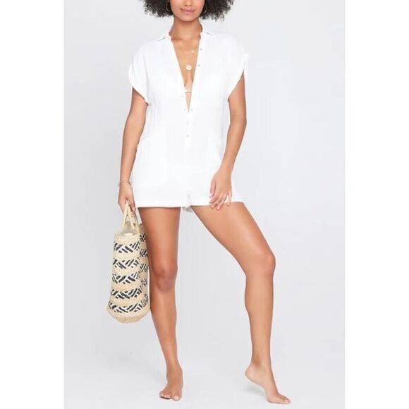 L*SPACE Women Petite XS White Mika Collared Button Front Romper Shorts - Picture 1 of 4